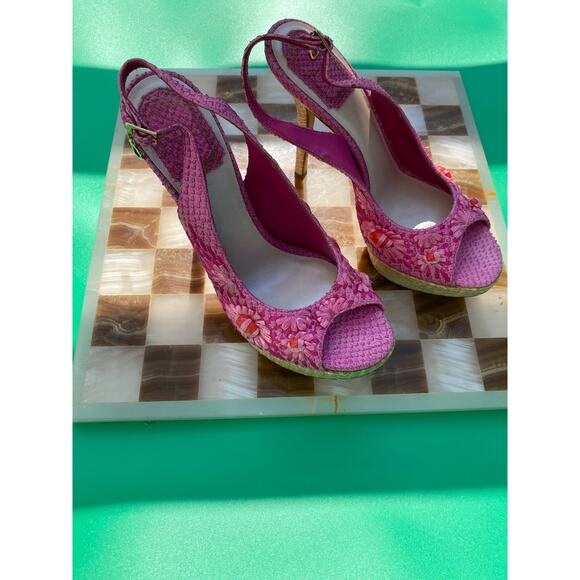 Vintage Dior Pink Python And Raffia Embellished Platform Sandals - Picture 2 of 10